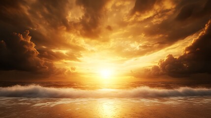 Obraz premium Serene sunset over the ocean with dramatic clouds and shimmering waves.