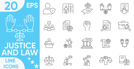 Justice and law outline icon set.court, lawyer, judgment, justice, legal, judgement,criminal, authority, criminal and more.Vector and illustrator set.