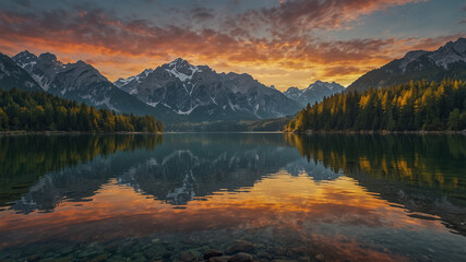 Serene Mountain Lake Reflection at Sunset