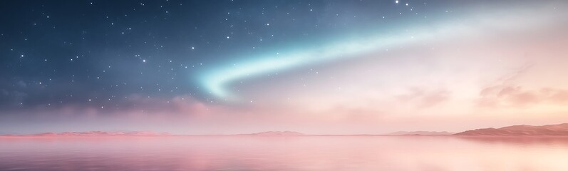 A serene landscape featuring a colorful aurora above a calm lake at twilight.