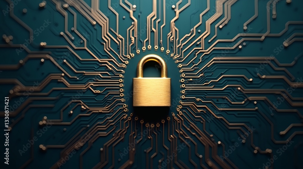 Poster abstract digital security graphic with padlock and circuit patterns