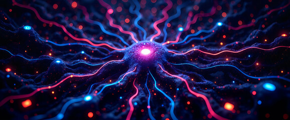 Naklejka premium Electric Neuron Impulse, Vibrant Neural Network, Red and Blue, Neuroscience Visualization, Brain Activity