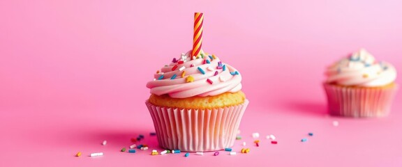 A single, delicious birthday cupcake with sprinkles on a vibrant pink background,  sweet treat, candy