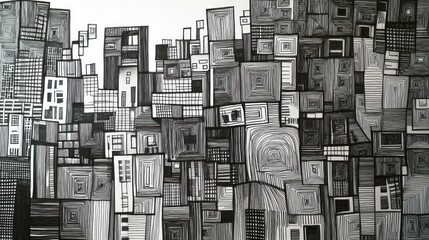 Abstract cityscape, black and white, intricate design of densely packed geometric shapes, resembling urban structures