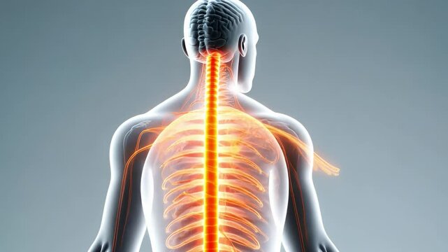 The Human Spinal Cord: A detailed, illuminated medical illustration highlighting the human spine and nervous system from a rear view. It showcases the spine's intricate structure and nerve pathways.