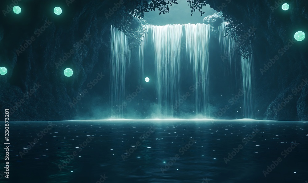 Poster a serene waterfall cascades into a tranquil pool, illuminated by soft, glowing lights in a cave sett