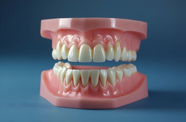 Obraz premium Realistic Dental Model with Upper and Lower Teeth Displayed in Educational Setting Against a Blue Background