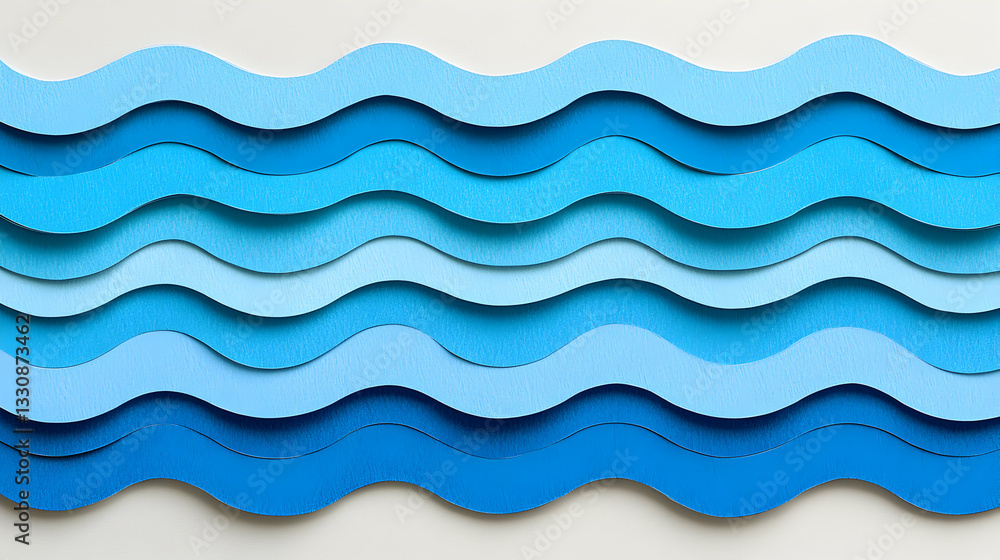 Poster abstract layered paper waves in shades of blue, creating a calming and textured ocean effect. perfec