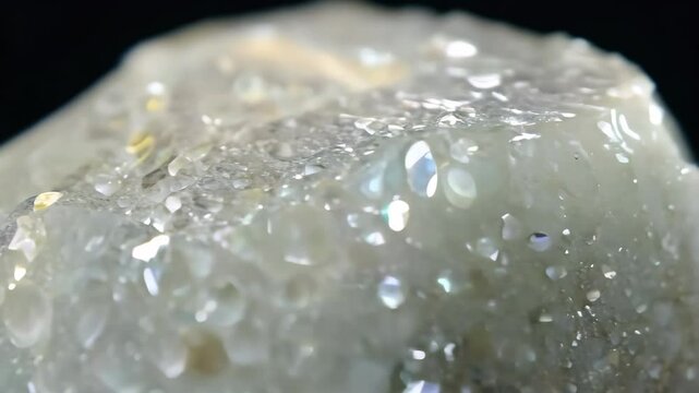 Shimmering Pearl mineral surface with droplets of water, showcasing a variety of colors and textures. The light reflects off the wet surface, creating a sparkling effect mineral pattern.
