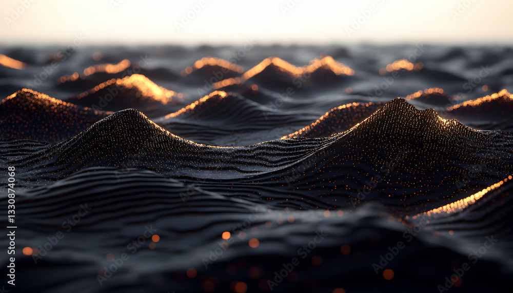 Poster abstract 3d rendering of dark, undulating landscape with golden light illuminating peaks, resembling