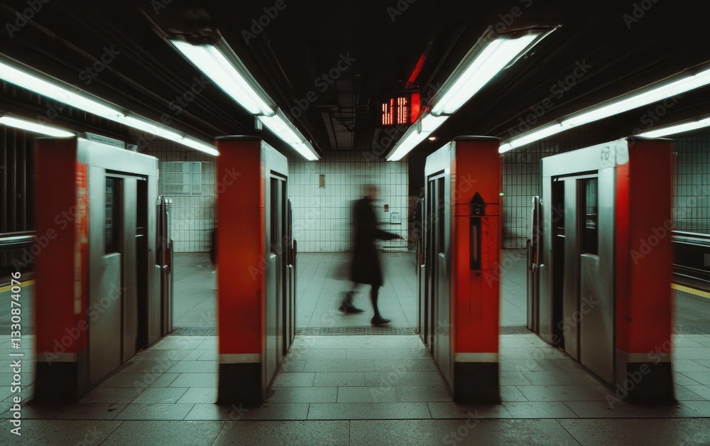 Poster blurry person walking through subway with red columns