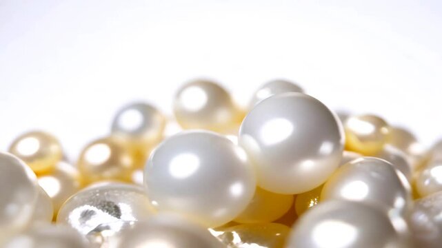 Various white pearls scattered on a light background, showcasing their smooth, lustrous surfaces and natural variations in size and shape mineral pattern texture macro background.