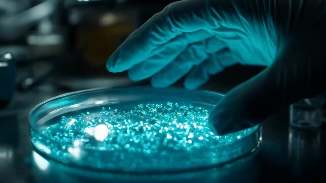 A gloved hand carefully reaches toward a petri dish containing glowing bioluminescent bacteria in a dimly lit laboratory. The futuristic and scientific atmosphere highlights advanced microbiology 