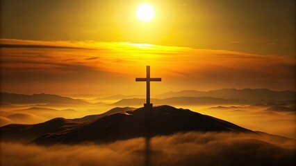 Sacred Sunrise: A serene and powerful image of a cross atop a hill, silhouetted against a golden sunrise, conveying themes of faith, hope, and spirituality