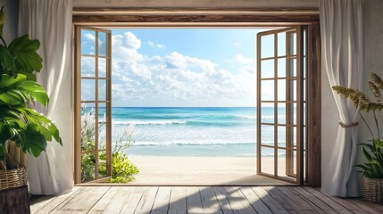 Fototapeta premium Serene Ocean View Through Open Doors from a Coastal Home Interior