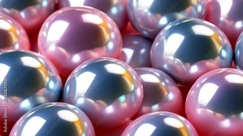 Poster shiny pink and silver pearls arranged closely together, reflecting light and creating a glossy appea