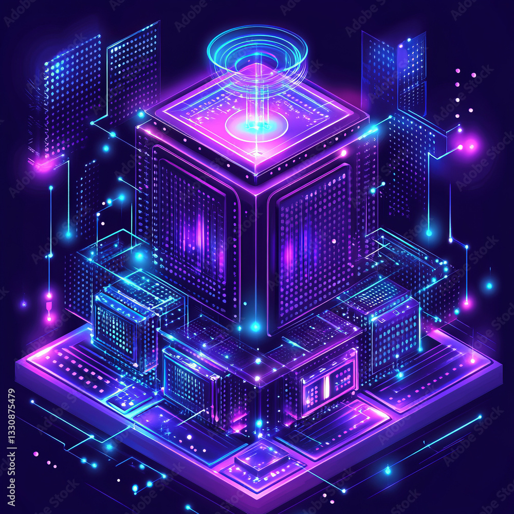 Poster isometric digital network with glowing cubes and central processor emitting vibrant light