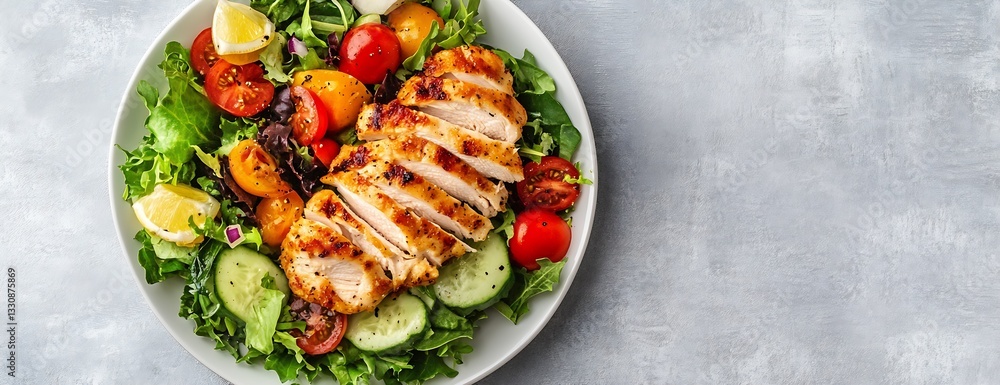 Poster grilled chicken salad with fresh vegetables and colorful tomatoes on a white plate : generative ai
