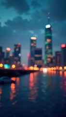 Naklejka premium Abstract blurred city skyline with financial icons overlaid, economy, illustration, investment