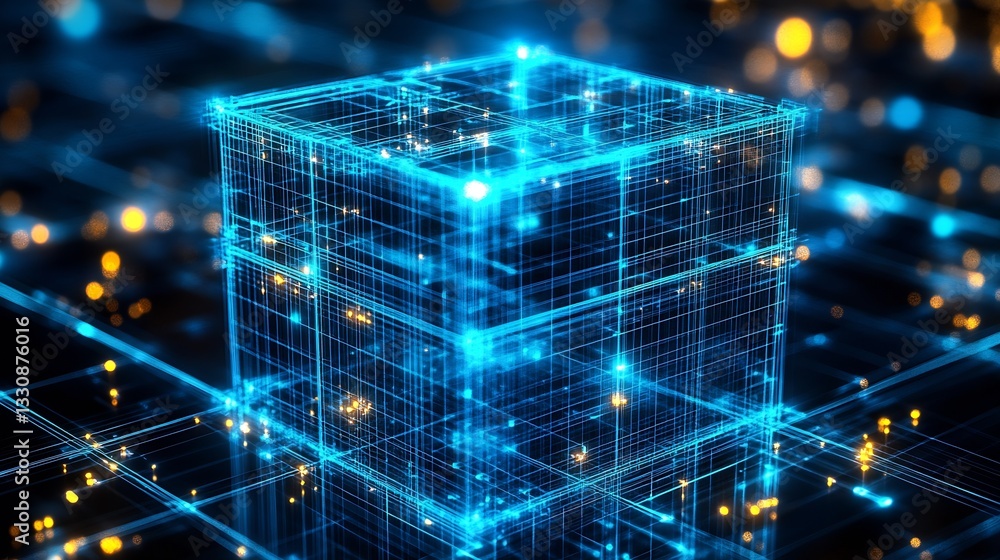Poster Futuristic glowing blue cube with connected lines and data points in a digital landscape : Generative AI