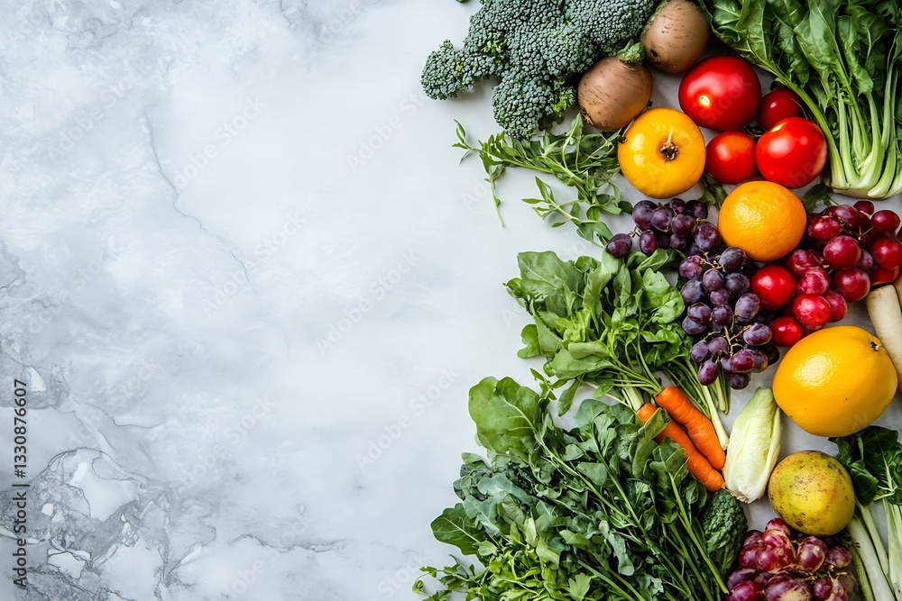 Poster a colorful array of fresh organic vegetables and fruits on a gray marble surface : generative ai