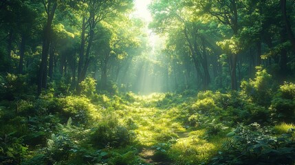 Obraz premium Sunlit Forest Scene Lush Greenery with Light Rays Through Trees Nature Background