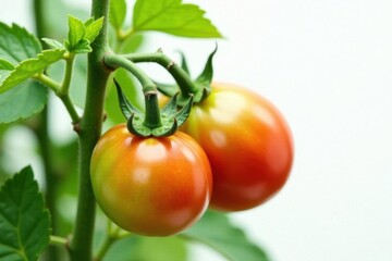 Lush green tomato plant, ripe red fruit, white backdrop, foliage, agriculture
