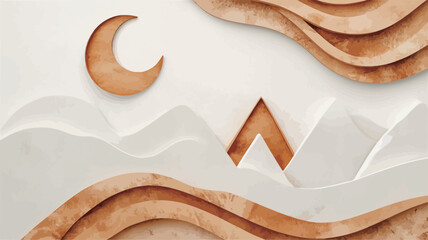 Obraz premium The image presents an abstract landscape composed of layered, wavy shapes. The primary colors are light beige and light brown, mimicking wood texture. The shapes are suggestive of mountains and