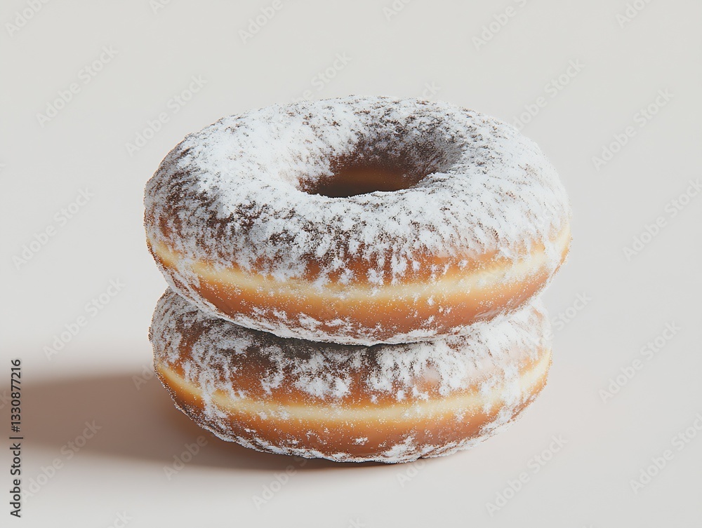 Poster stack of two powdered sugar donuts showcasing a soft fluffy texture with a sweet finish : generative
