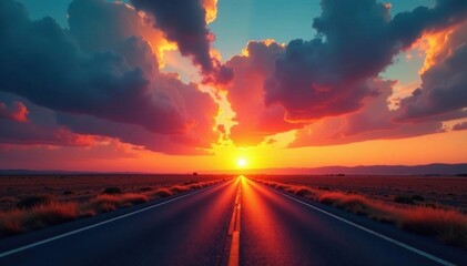 Straight road fades to distant sun, fiery sky ablaze, distance, adventure
