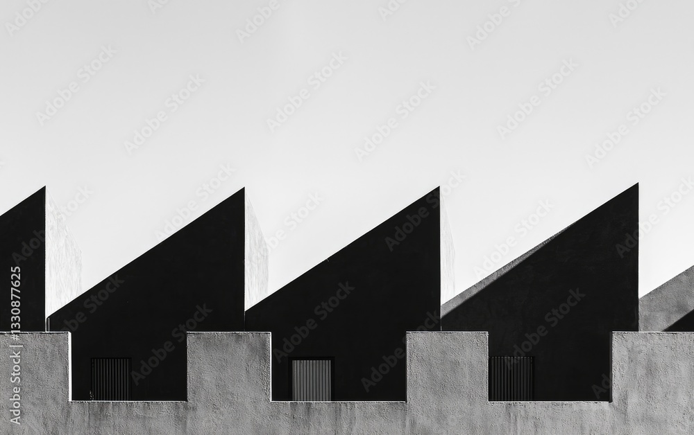 Poster black triangular rooftops with square windows and textured facade