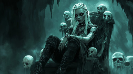 Fototapeta premium terrifying queen of the underworld, sitting on a throne made of skulls