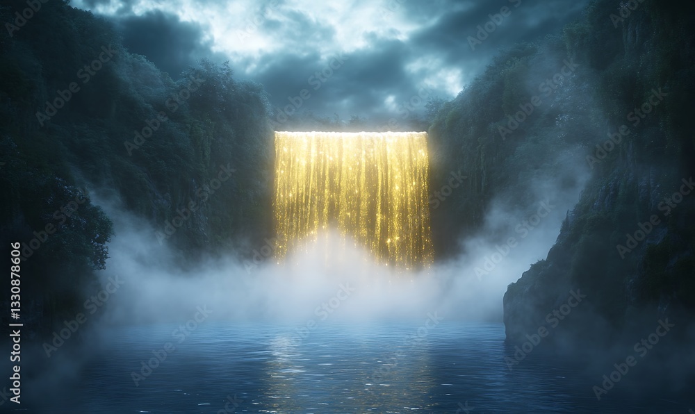 Poster Golden waterfall cascading into a misty lake surrounded by dark cliffs and dramatic clouds.
