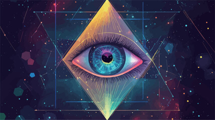 A digital illustration featuring a stylized eye as the central focus. The eye is rendered with vibrant blue, purple, and orange tones, exhibiting a glowing effect. It is positioned within a