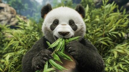 Fototapeta premium Panda Feeding on Bamboo Leaves in a Lush Serene Green Grove Close up Portrait of a Cute Focused Giant Panda Bear in its Natural Habitat