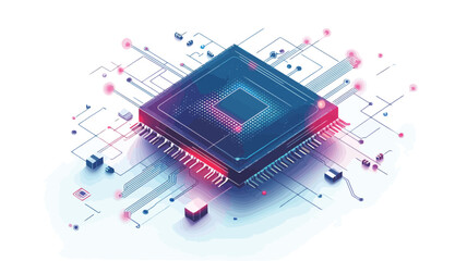 Isometric illustration of a microchip or central processing unit (CPU).  The chip is depicted in shades of blue and pink/red, with glowing elements suggesting activity.  Surrounding the chip are