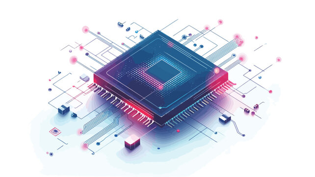 Isometric illustration of a microchip or central processing unit (CPU).  The chip is depicted in shades of blue and pink/red, with glowing elements suggesting activity.  Surrounding the chip are
