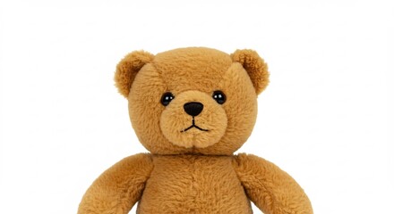 Soft brown teddy bear sits patiently against bright white background. AI Generated