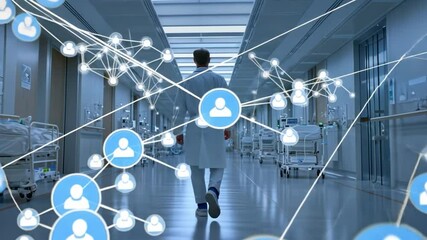 Medical Network: A medical professional walks down a brightly lit hospital corridor, their path interwoven with a digital network of interconnected nodes and connections - Powered by Adobe