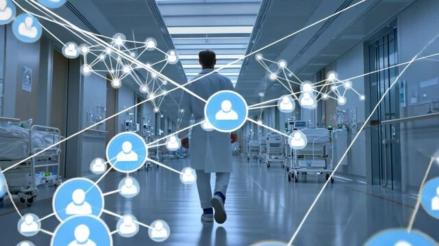 Medical Network: A medical professional walks down a brightly lit hospital corridor, their path interwoven with a digital network of interconnected nodes and connections - Powered by Adobe