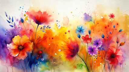 Obraz premium Bold and Expressive Abstract Watercolor Wildflowers. A Free-Spirited Splash of Red, Orange, and Violet for Creative Decor.