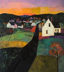 Colorful rural landscape with a winding road and quaint houses