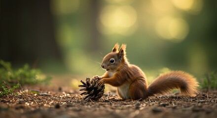Adorable red squirrel delicately handles pine cone bathed in warm sunlight. AI Generated