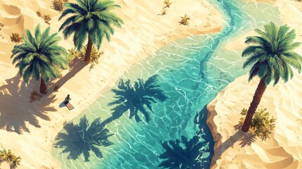 Serene Oasis Aerial View of a Desert Paradise with a Tranquil Stream