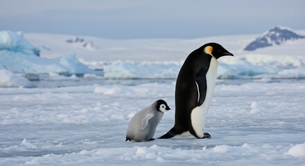 Fototapeta premium Emperor Penguin chick follows parent across icy Antarctic landscape bathed in soft sunlight. AI Generated