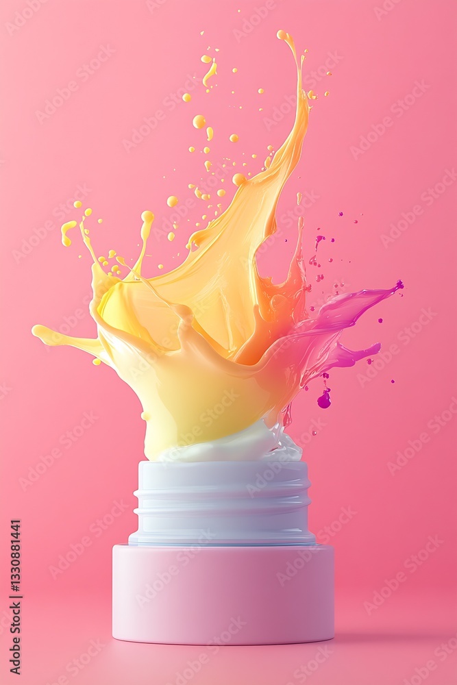 Poster vibrant splash of colors around a skincare cream jar on pink background with dynamic energy : genera