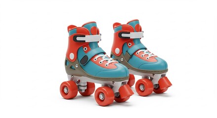 Vibrant teal and orange roller skates gleam brightly against a pure white background. AI Generated