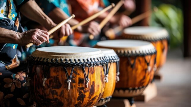 Group of Japanese performers playing energetic and rhythmic taiko drums during a cultural Omikuji ceremony Vibrant colorful and expressive traditional music and art form