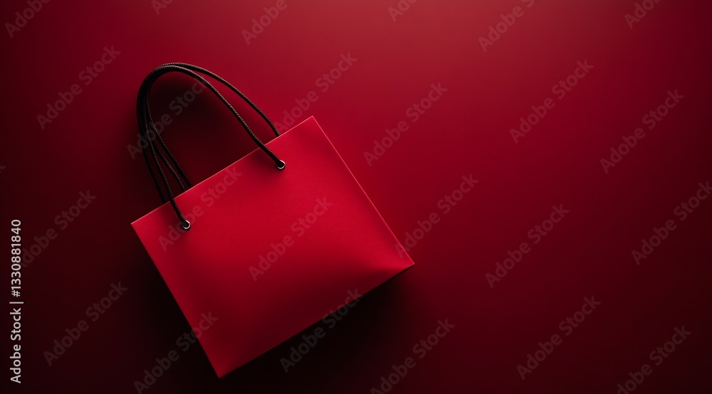 Poster overhead view of a sleek red shopping bag on a matching red background emphasizing minimalism and de