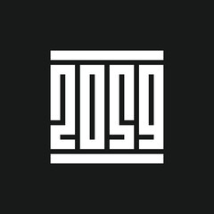 2059 Happy new year logo text design, geometric square shape monogram, vector illustration, white on black background